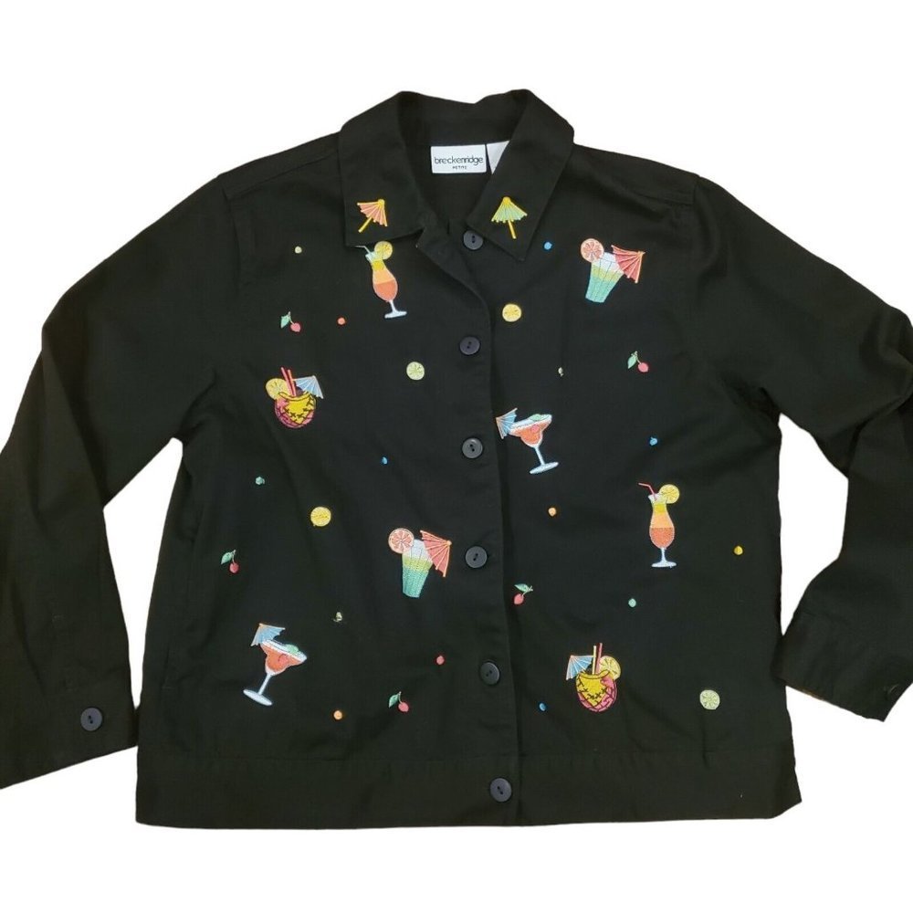 Y2K Black Embroidered Jacket Fruity Cocktail Daiquiri Happy Hour Sz M Petite